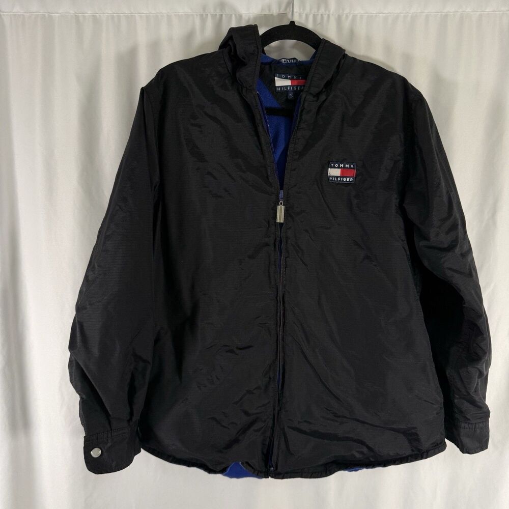 Vintage Tommy Hilfiger Jacket Men's Medium Black Fleece Lined Full Zip Hooded